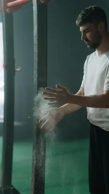 Launches placement — Man in gym applying chalk to hands before workout. Focused preparation for intense physical activity.