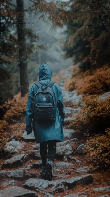 Founder & Leadership placement — Person hiking on a misty forest path in rainy weather, showcasing adventure and solitude.